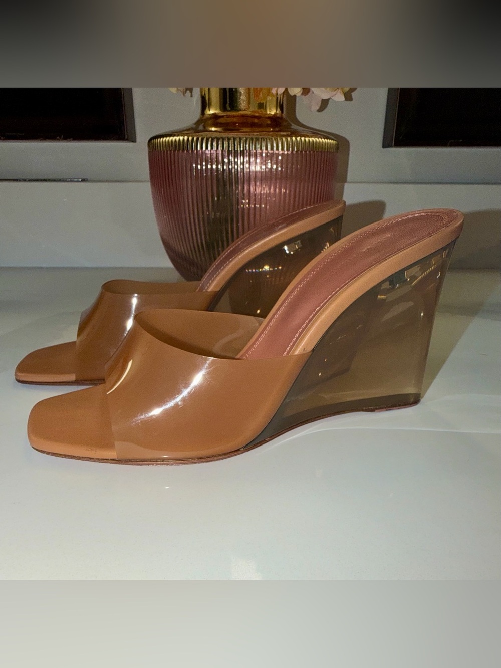 Amina Muaddi - Lupita Glass Wedge Sandals - 38 (8) - Tan
